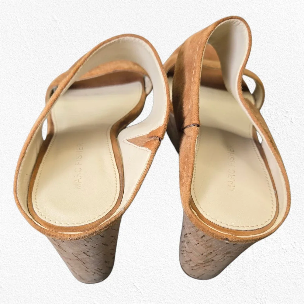 Marc Fisher Shelbee Tan Tawny Suede Slip On Cork Wedge Platform Sandals Size 7.5